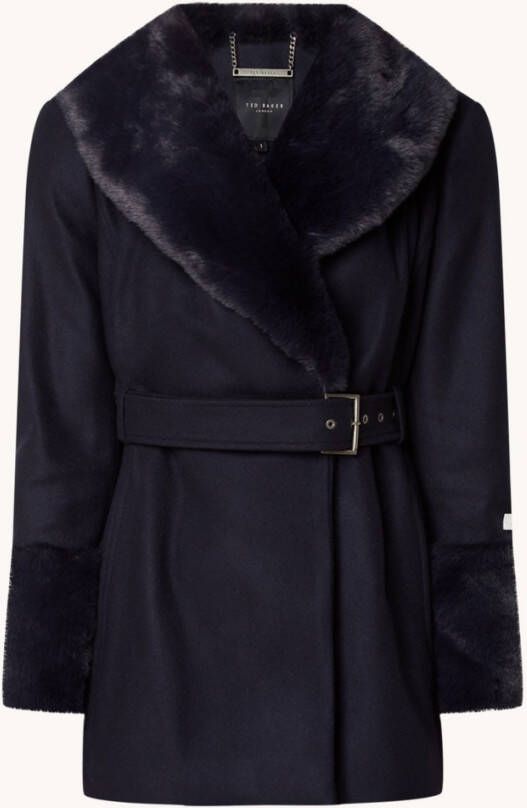 Ted Baker Loleta mantel in wolblend met strikceintuur en imitatiebontkraag