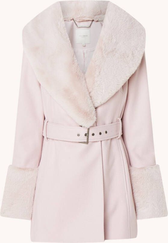 Ted Baker Loleta mantel in wolblend met strikceintuur en imitatiebontkraag