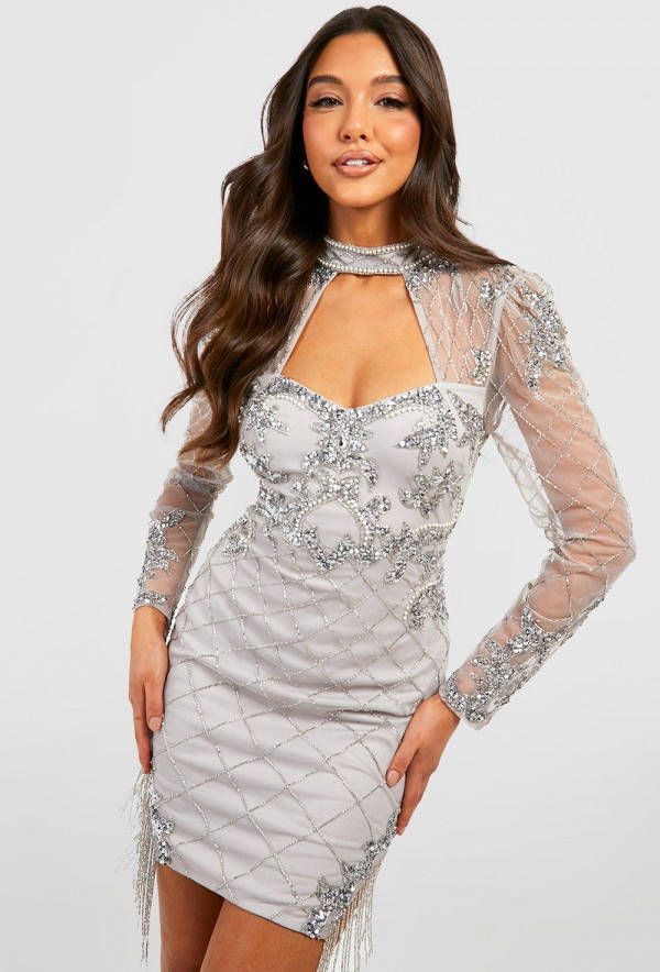 boohoo Boutique Mini Jurk Met Kraaltjes En Kwastjes, Silver