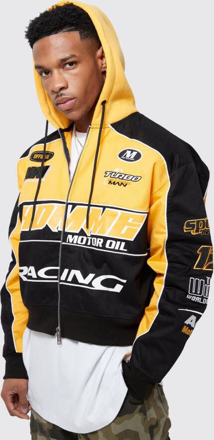 boohoo Boxy Keperstof Moto Jas Met Jersey Capuchon, Yellow