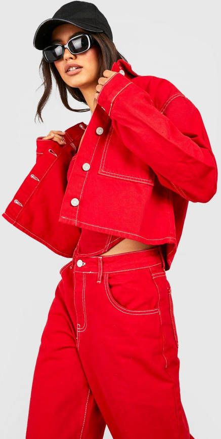 boohoo Boxy Spijkerjas Met Contrasterende Stiksels, Red
