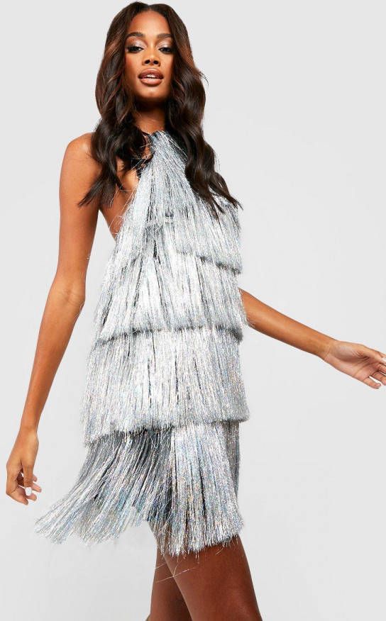 boohoo Metallic Halterneck Mini Party Jurk Met Kwastjes En Laagjes, Silver