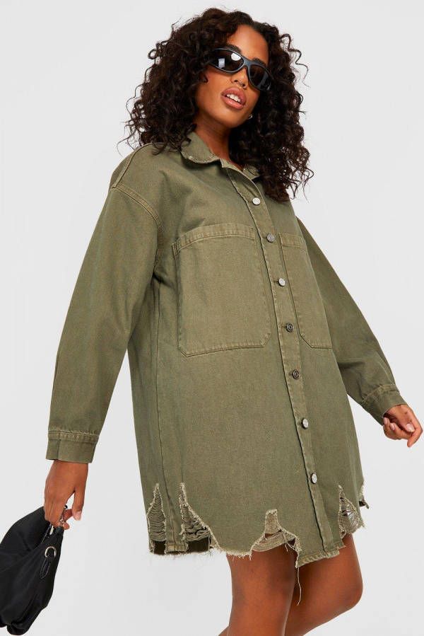 boohoo Oversized Spijkerjas Met Gescheurde Zoom, Khaki