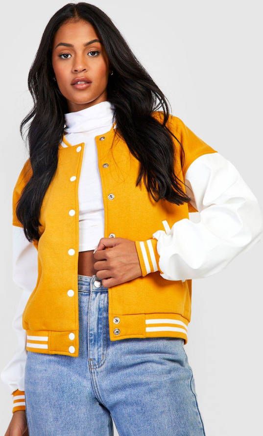 boohoo Tall Varsity Bomberjack Met Contrasterende Mouwen, Mustard