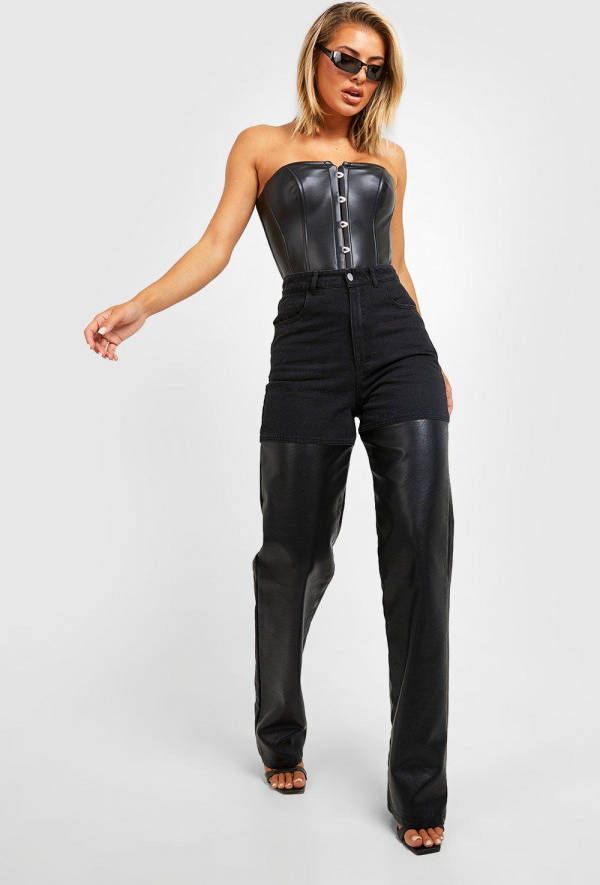 boohoo Wide Leg Pu Colour Block Jeans Met Coating, Black