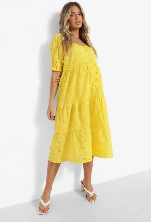 boohoo Zwangerschap Broderie Midi Jurk Met Knopen, Yellow