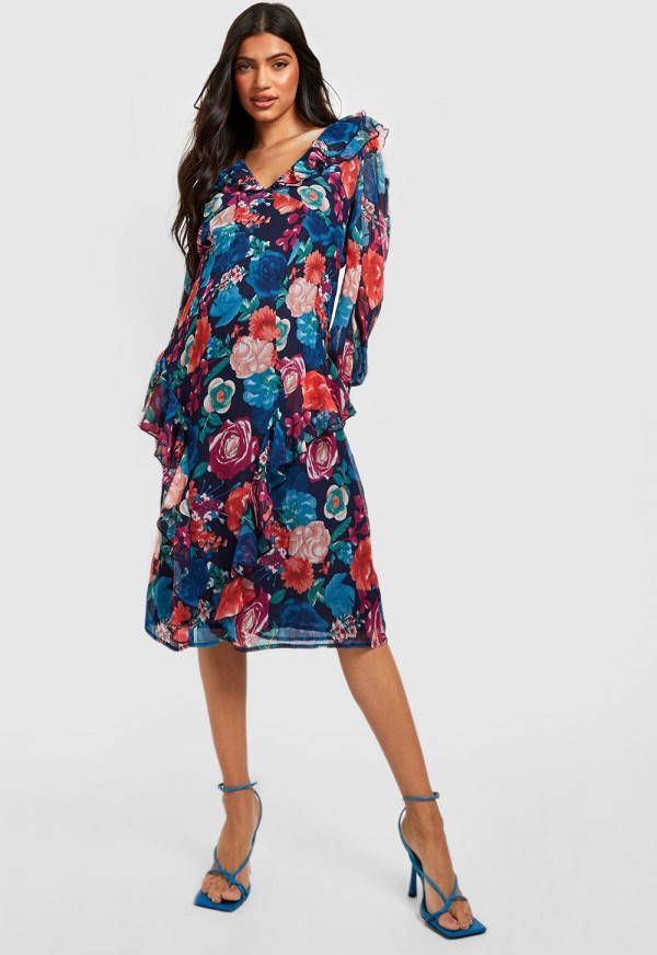 boohoo Zwangerschap Chiffon Midi Jurk Met Ruches En Print, Multi