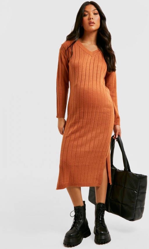 boohoo Zwangerschap Gebreide Baggy Midi Jurk Met V Hals, Copper