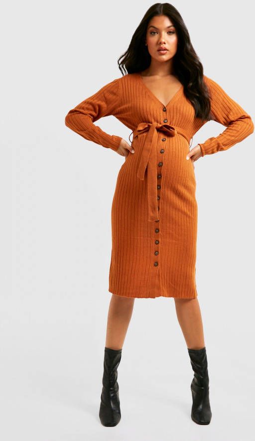 boohoo Zwangerschap Gebreide Doorknoop Midi Jurk, Copper