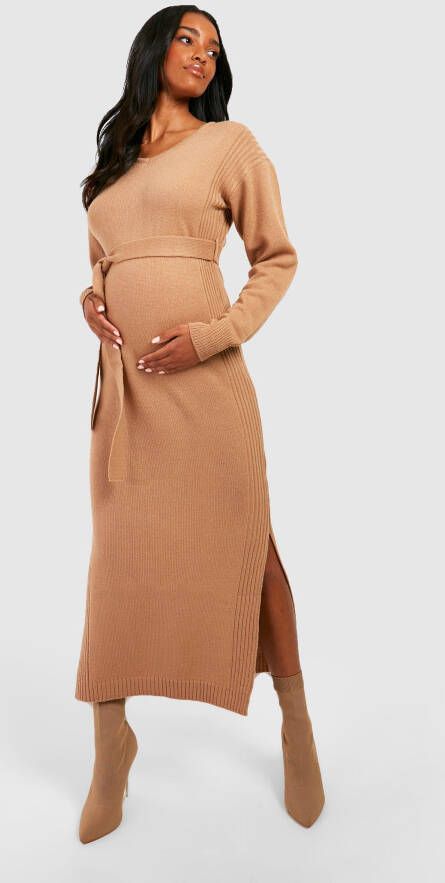boohoo Zwangerschap Gebreide Midaxi Jurk Met Split, Taupe