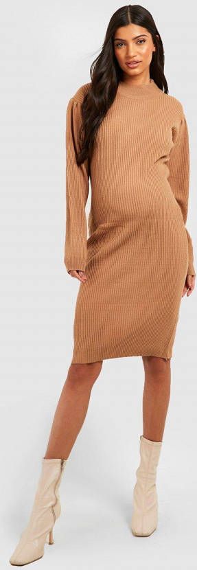 boohoo Zwangerschap Gebreide Midi Jurk Met Pofmouwen, Taupe