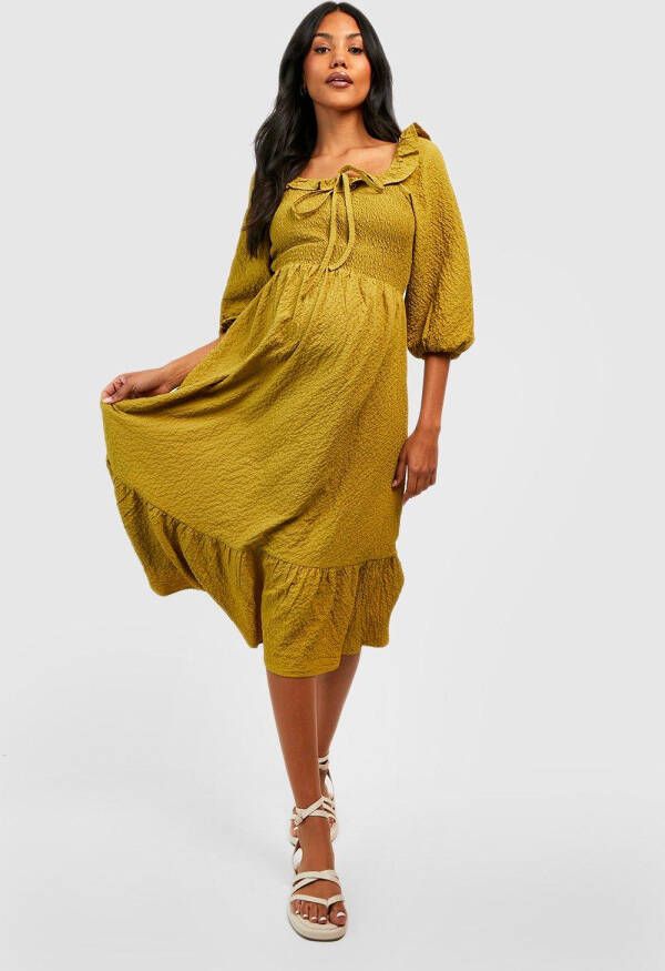 boohoo Zwangerschap Gekreukelde Geplooide Midi Jurk Met Textuur, Olive