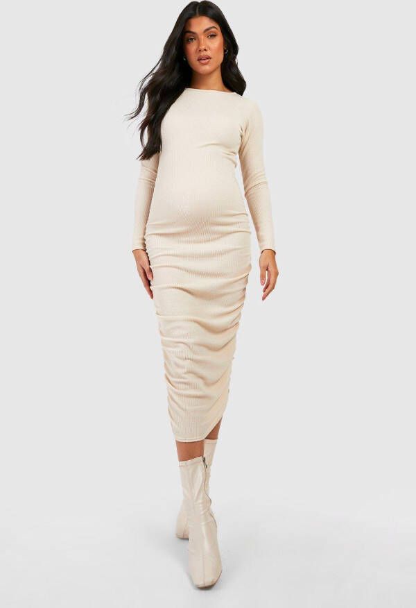 boohoo Zwangerschap Gekreukelde Geribbelde Geplooide Midi Jurk, Ecru