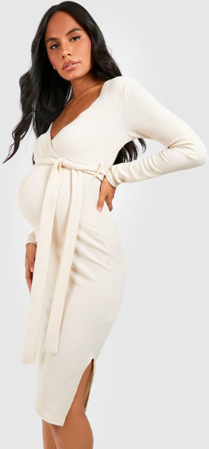 boohoo Zwangerschap Gekreukelde Geribbelde Midi Jurk Met Ceintuur, Ecru
