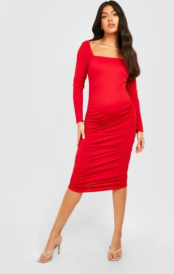 boohoo Zwangerschap Geplooide Midi Jurk Met Vierkante Hals, Red