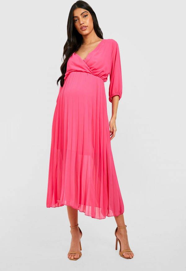boohoo Zwangerschap Geplooide Midi Wikkel Jurk, Pink