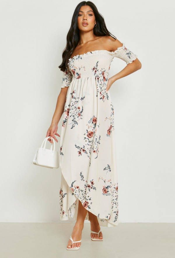 boohoo Zwangerschap Geplooide Off Shoulder Maxi Jurk, Beige