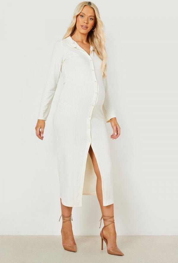 boohoo Zwangerschap Geribbelde Doorknoop Midaxi Jurk, Ecru