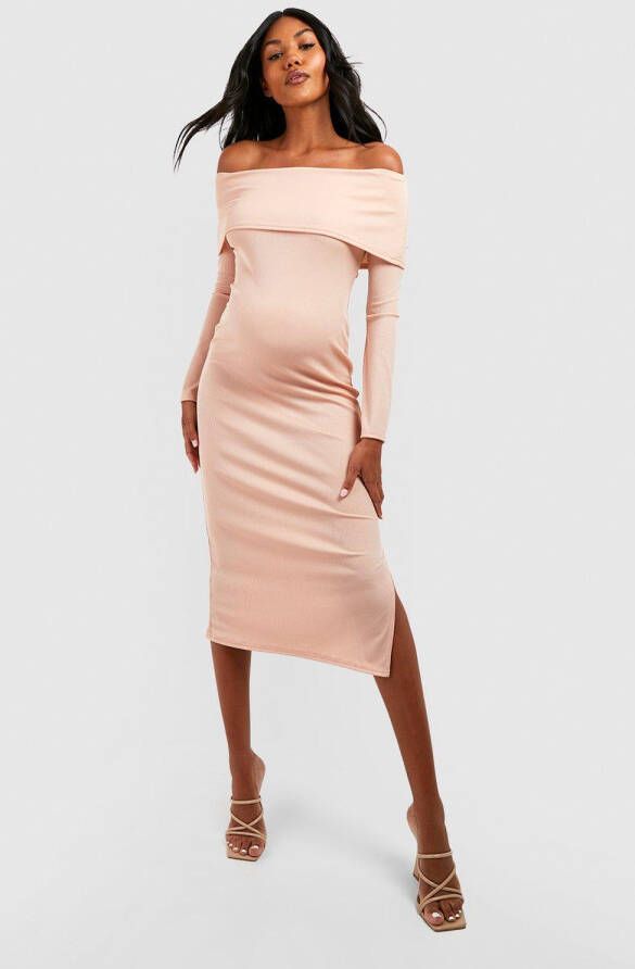 boohoo Zwangerschap Geribbelde Off Shoulder Midaxi Jurk Met Split En Wijde Mouwen, Camel