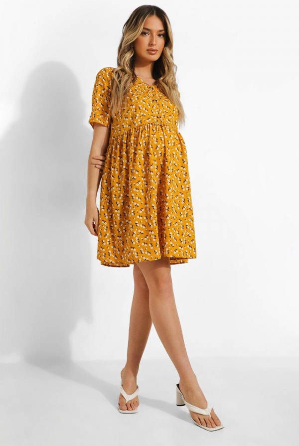 boohoo Zwangerschap Gesmokte Bloemenprint Jurk Met Knopen, Yellow