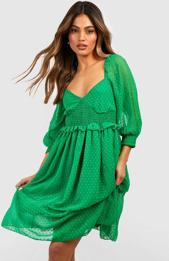 boohoo Zwangerschap Gesmokte Dobby Mesh Jurk Met Ruches, Green