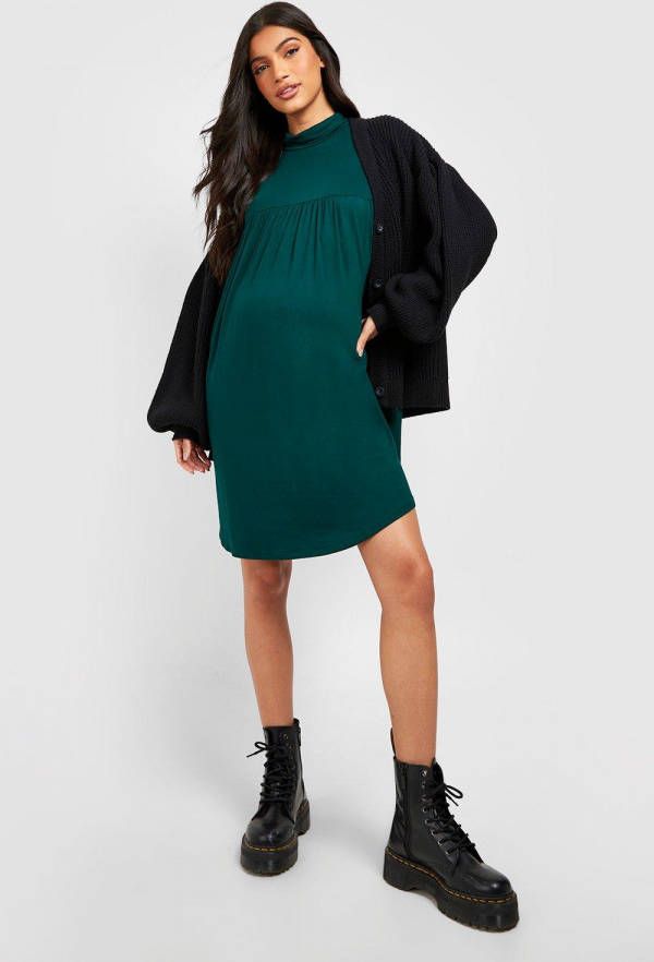 boohoo Zwangerschap Gesmokte Jurk Met Col, Dark Green