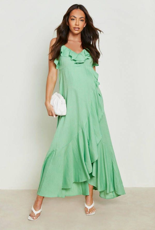 boohoo Zwangerschap Linnen Wikkel Midaxi Jurk Met Geplooide Zoom, Green