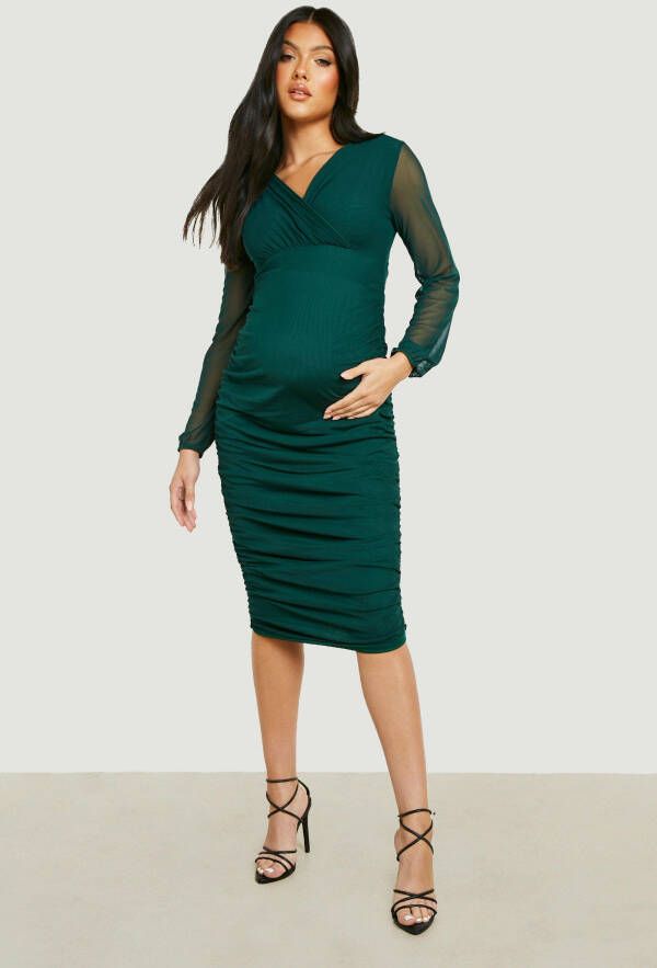 boohoo Zwangerschap Mesh Midi Wikkeljurk, Dark Green