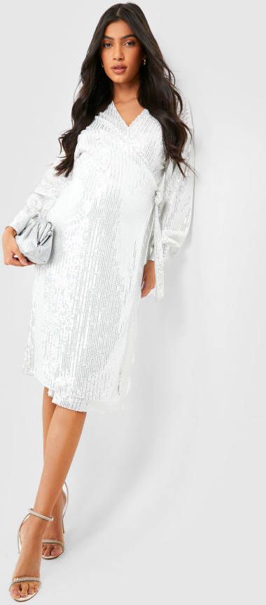 boohoo Zwangerschap Midi Wikkeljurk Met Pailletten, Silver