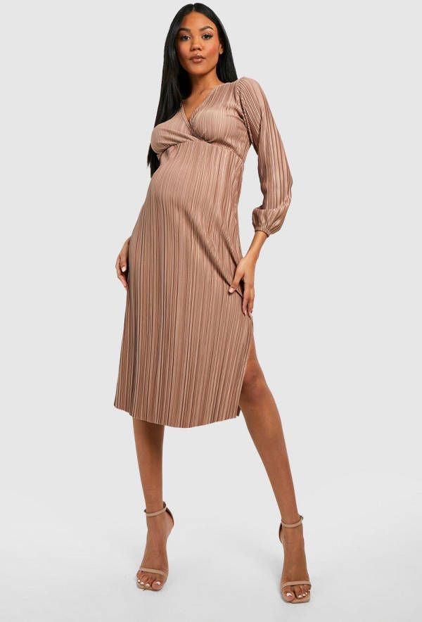 boohoo Zwangerschap Plisse Midi Jurk Met Strik, Mocha