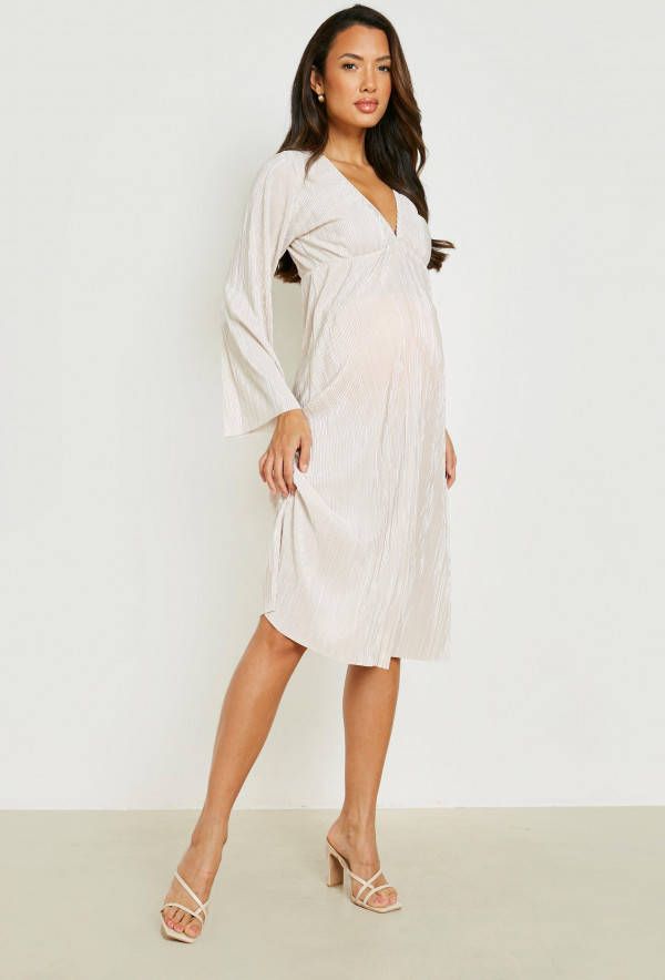 boohoo Zwangerschap Plisse Midi Jurk Met Wijde Mouwen, Champagne