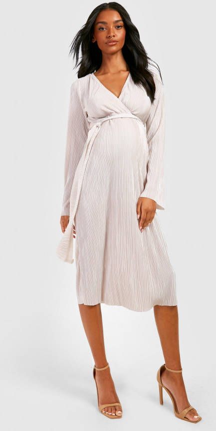 boohoo Zwangerschap Plisse Midi Wikkeljurk, Champagne