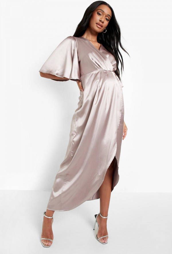 boohoo Zwangerschap Satijnen Gelegenheids Midi Wikkel Jurk, Champagne