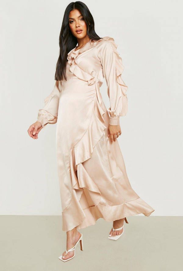 boohoo Zwangerschap Satijnen Maxi Wikkel Jurk Met Ruches, Champagne