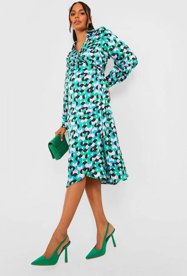 boohoo Zwangerschap Satijnen Midi Wikkel Jurk, Multi