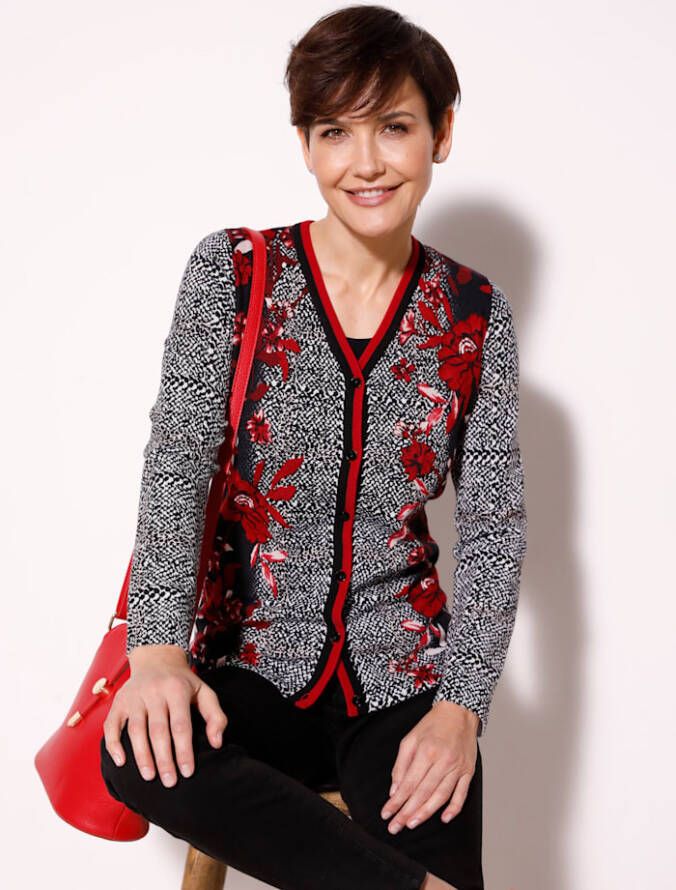 MONA Vest met gestreepte bicolor bies Rood/Zwart