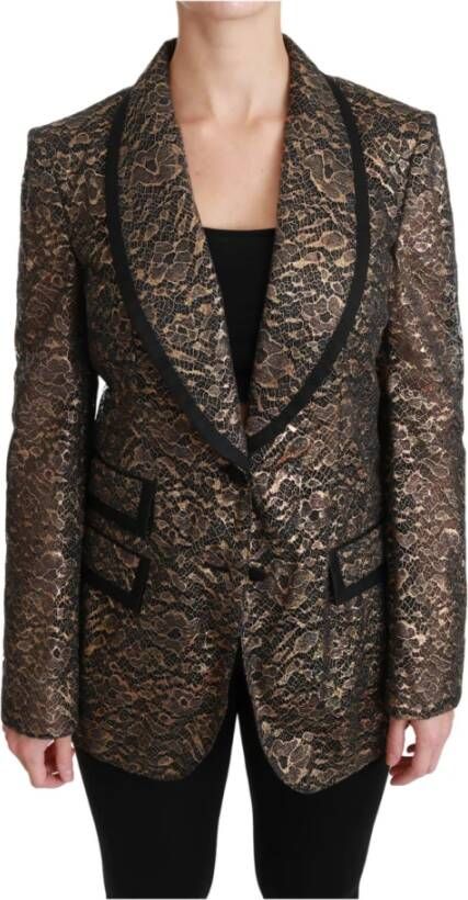 Dolce & Gabbana Gold Black Lace Blazer Coat Floral Jacket , Geel, Dames