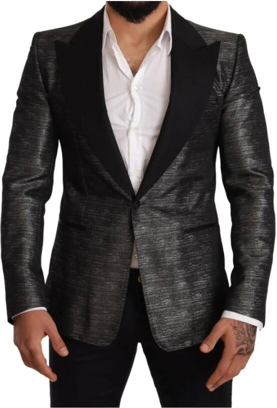 Dolce & Gabbana Gray Metallic Black Slim Tuxedo Blazer , Grijs, Heren