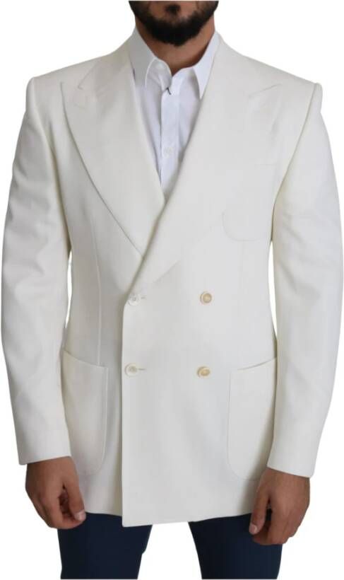 Dolce & Gabbana White Virgin Wool Double Breasted Coat Blazer , Wit, Heren