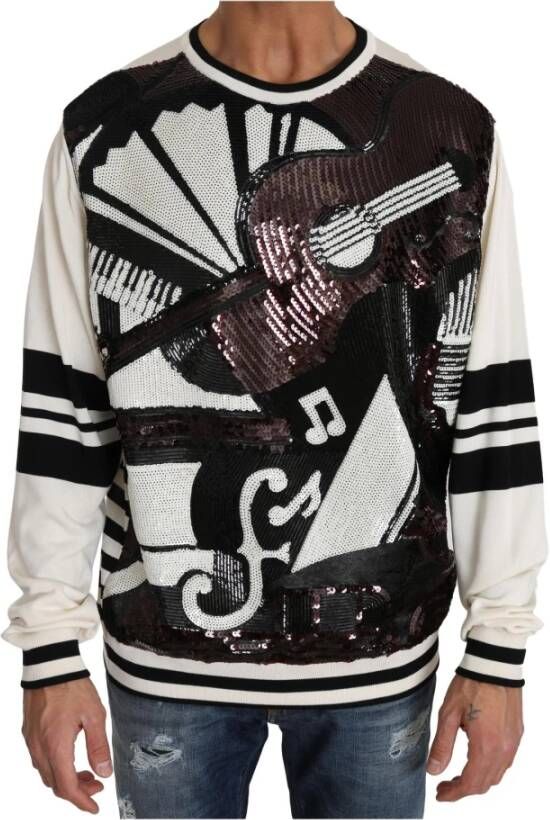 Dolce & Gabbana Jazz Sequined Guitar Pullover Top Sweater , Wit, Heren