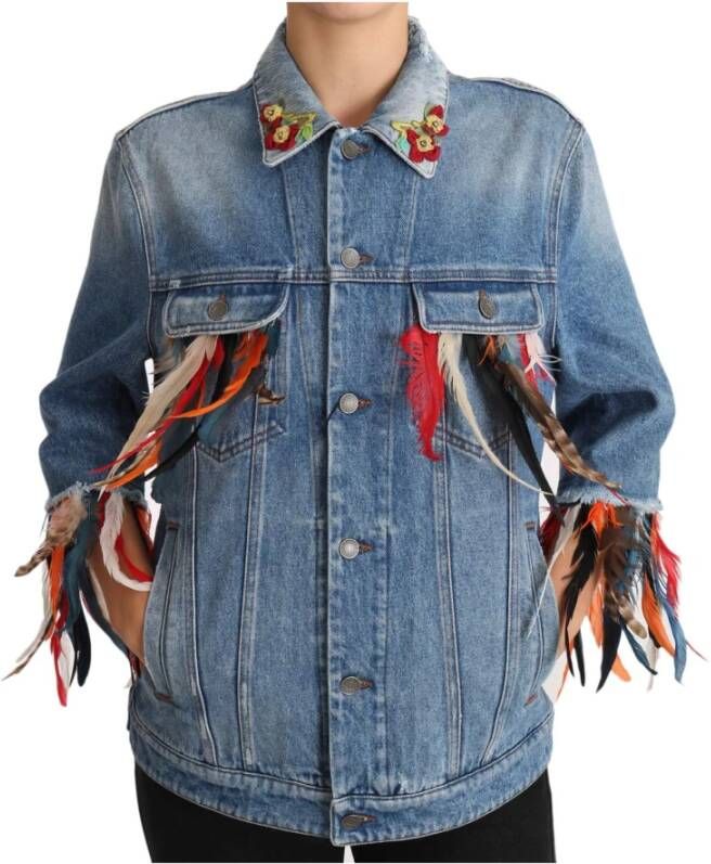 Dolce & Gabbana Denim Blue Jeans Feather Floral Jacket , Blauw, Dames