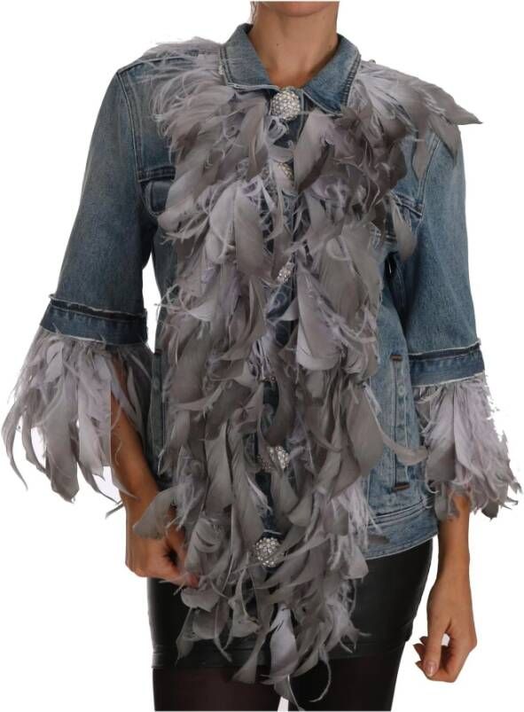 Dolce & Gabbana Denim Jacket Feathers Embellished Buttons , Blauw, Dames