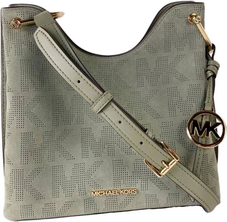Michael Kors Joan Large Perforated Suede Leather Slouchy Messenger Handbag(Army Green), Groen, Dames