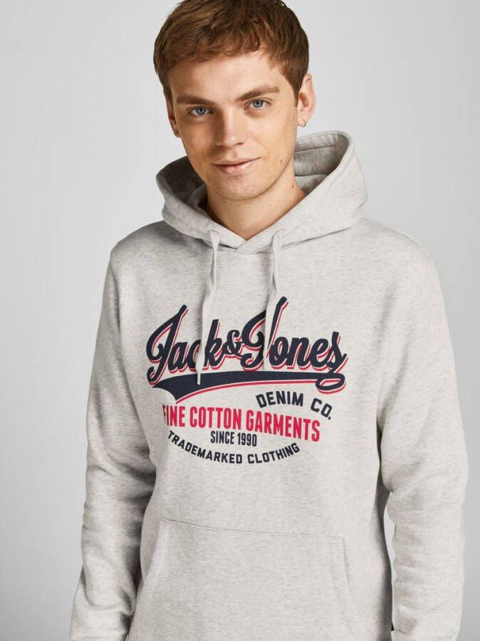 JACK & JONES ESSENTIALS hoodie JJELOGO met printopdruk white melange